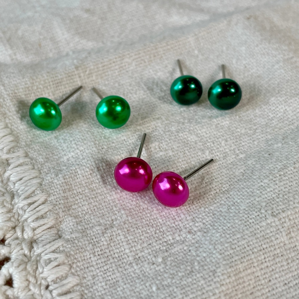 Set of 3 Faux Pearl Stud Earrings Pink Lime Forest Green Metallic Jewelry Bundle